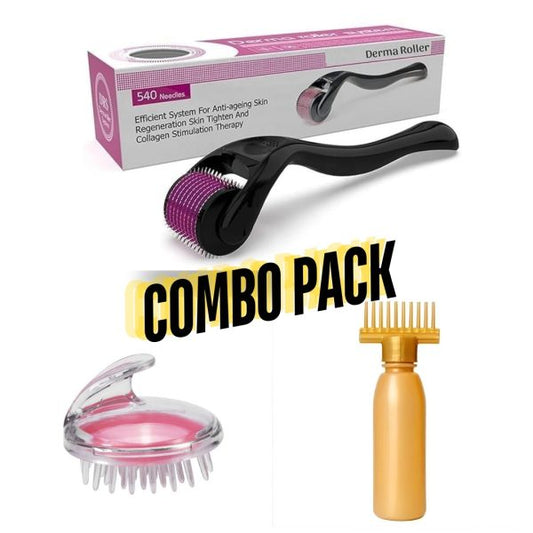 3 In 1 Combo Deal 1 Derma Roller , Silicone Scalp Massage Brush , Oil Bottle