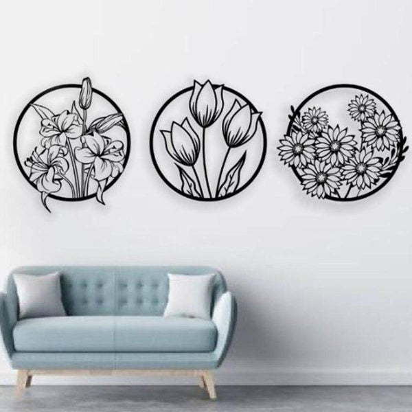 (3 Pcs Set )3d Floral Abstract Wooden Wal